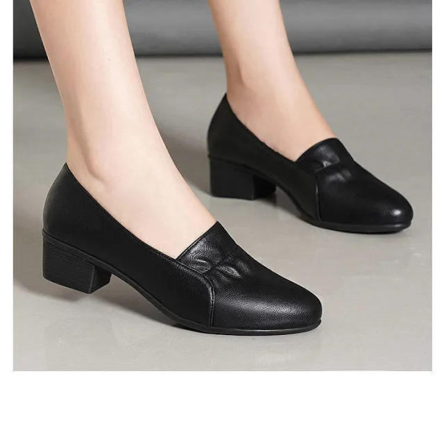 Women's Non slip Soft Sole Thick Heel Comfortable Casual Work Leather Shoes Black - Shop at LoveMi