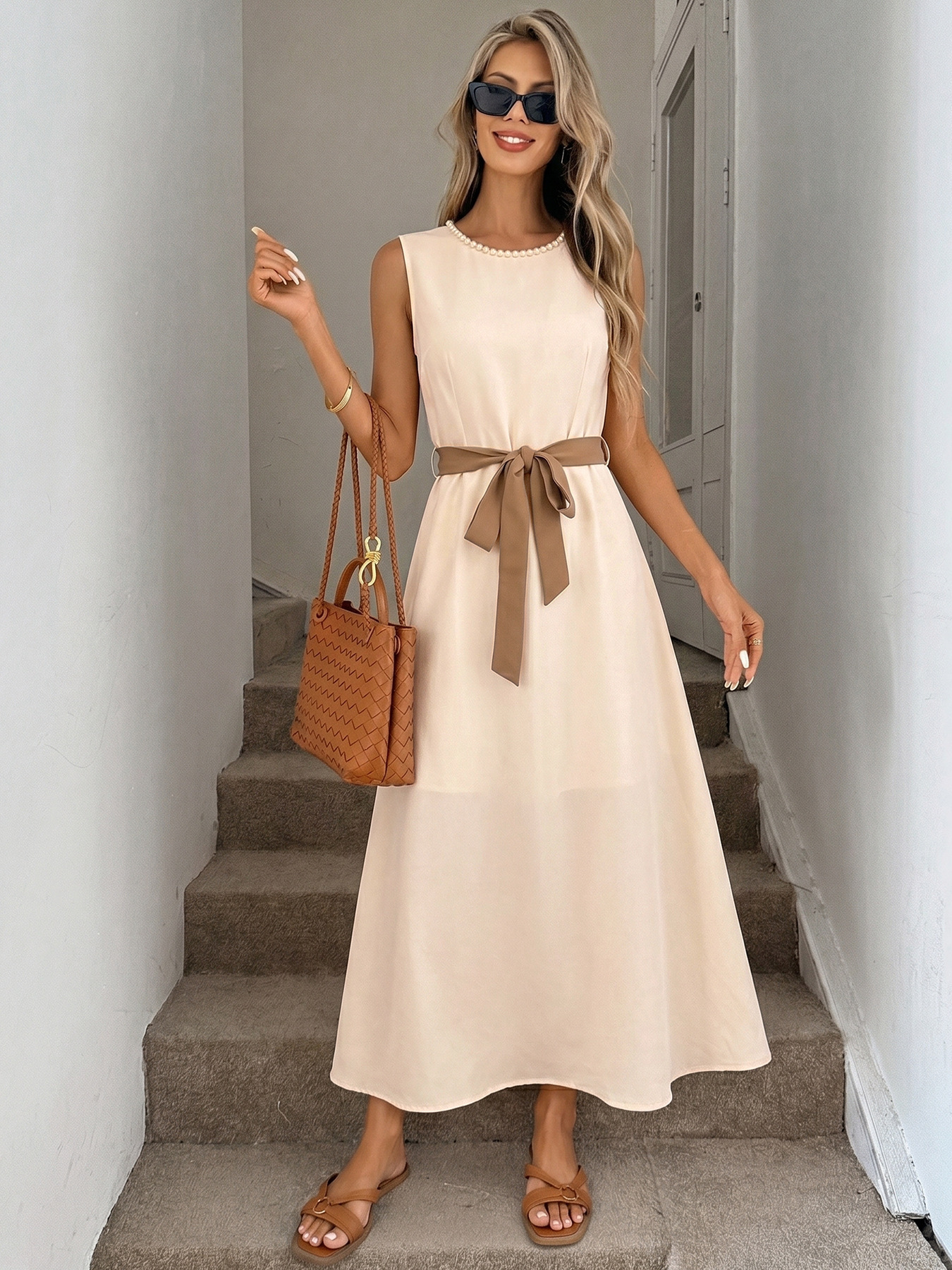 Pearl Neck Sleeveless Self-Tie Belt A-Line Midi Dress