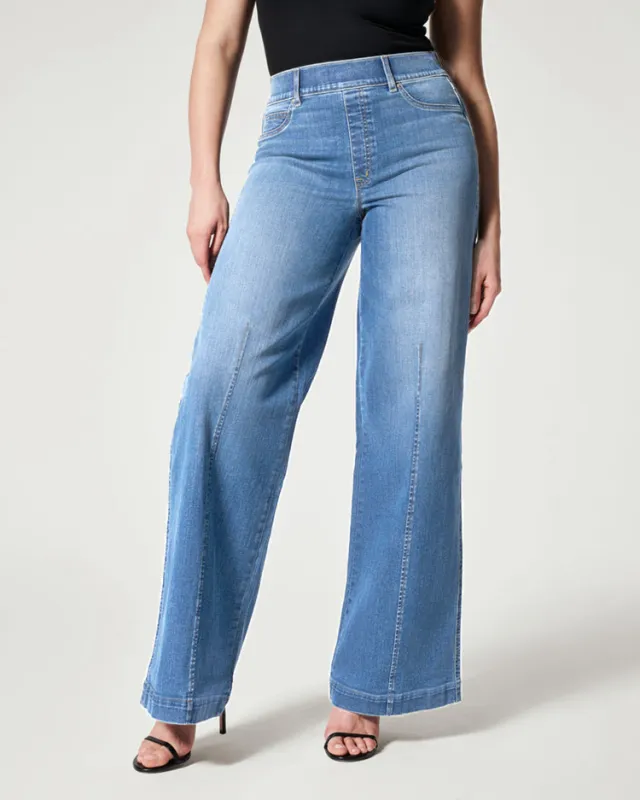 Women's Straight Jeans Mid Waist Wide Leg Pants High Elastic Waist Trousers Light Blue - Shop at LoveMi
