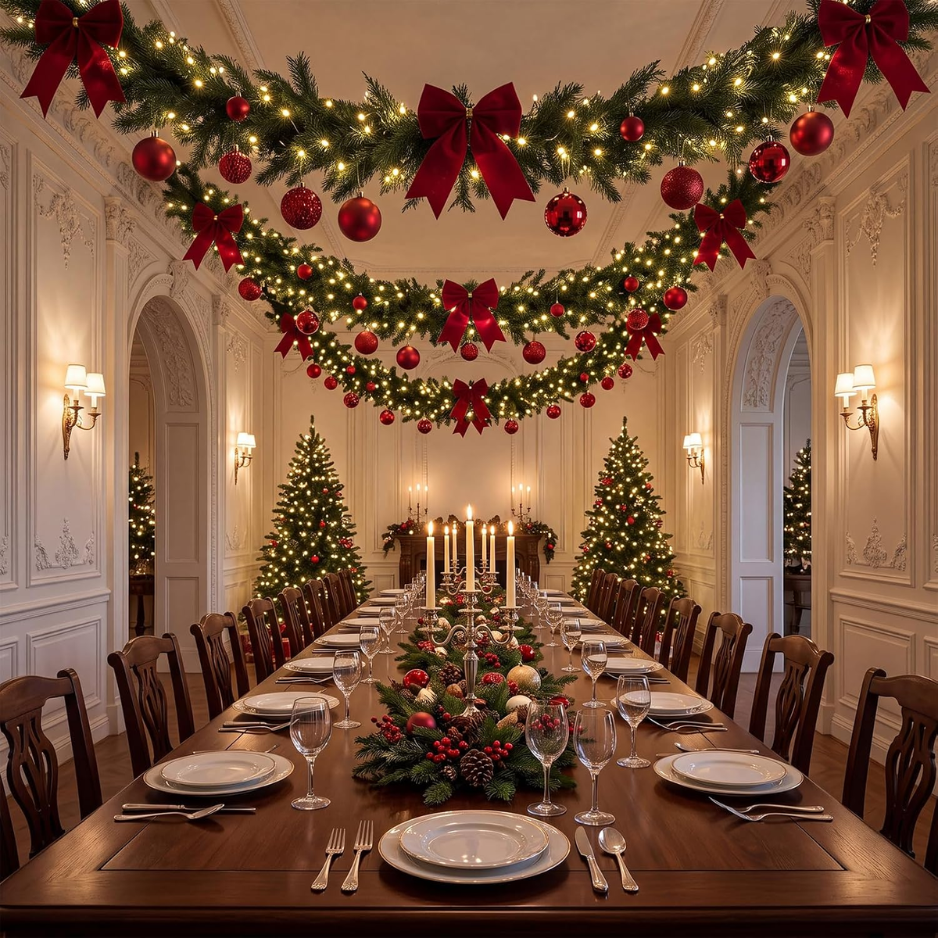 161 Pcs Christmas Hallway Ceiling Decor Kit, LED Lights Garland Includes Red Baubles, Bows, Army Green Garland, Warm White Leds With Hooks, Xmas 5