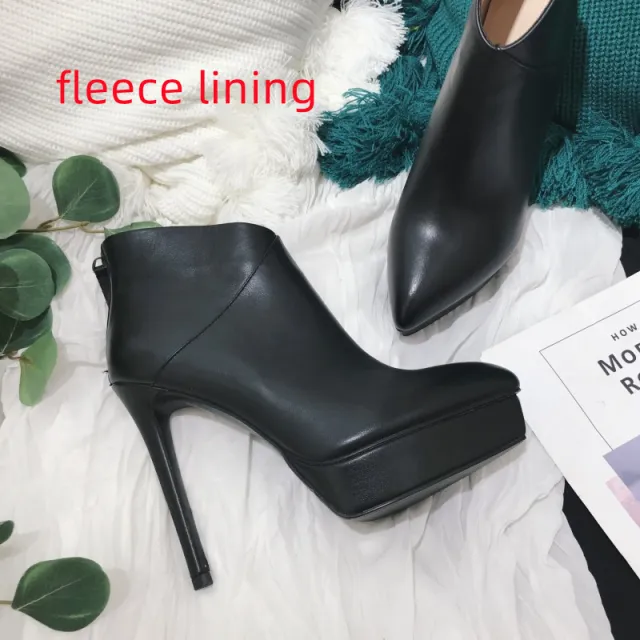Autumn And Winter New Stiletto High heeled Platform Leather Ankle Boots Black - Shop at LoveMi