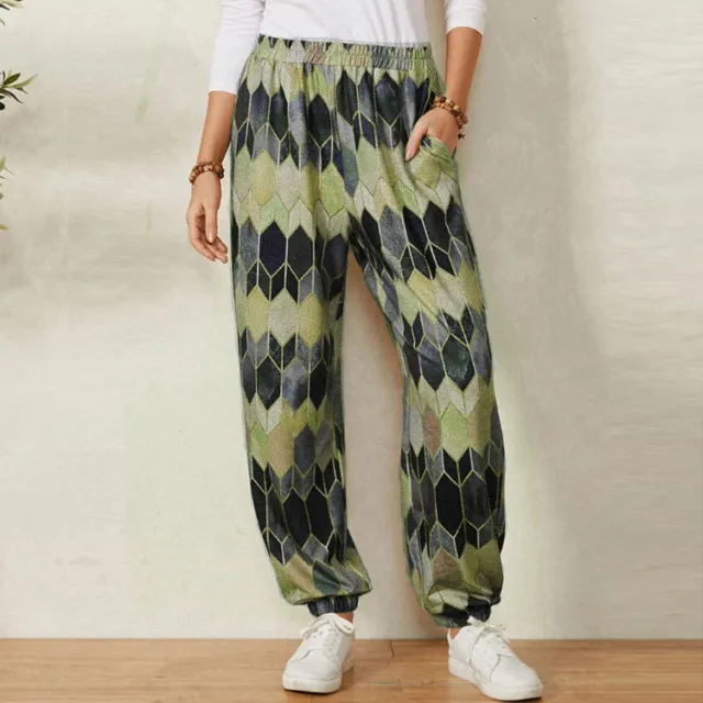 Women's High Waist Loose Wide Leg Pants Vintage Geometric Print Green - Shop at LoveMi