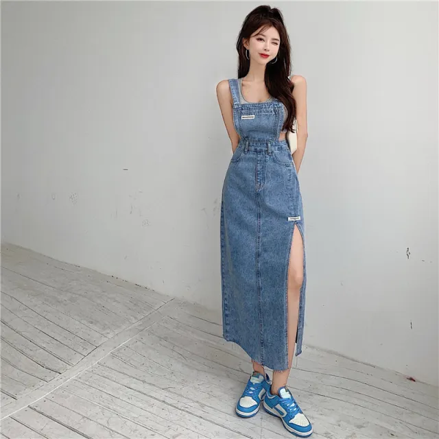Trendy Label Strap Split Retro Style Raw Edge Denim Skirt Blue - Shop at LoveMi