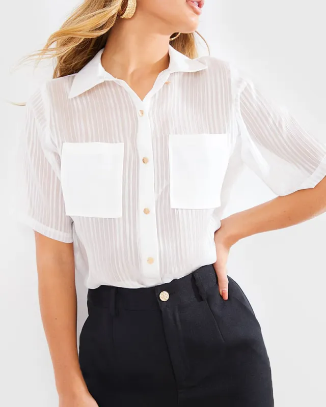 Chiffon Striped Short Sleeve Shirt Perspective Pocket Loose Casual Top White - Shop at LoveMi