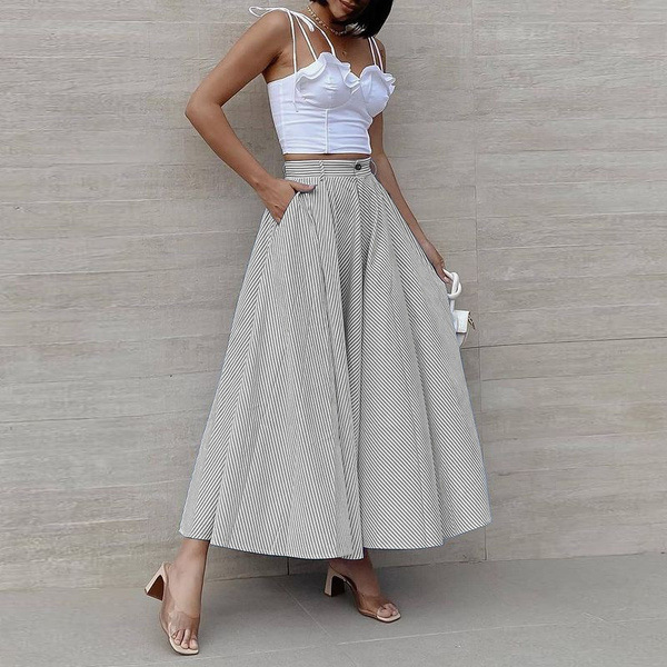 Women's Fashion Summer Stripes Long Dress Gray - Shop at LoveMi