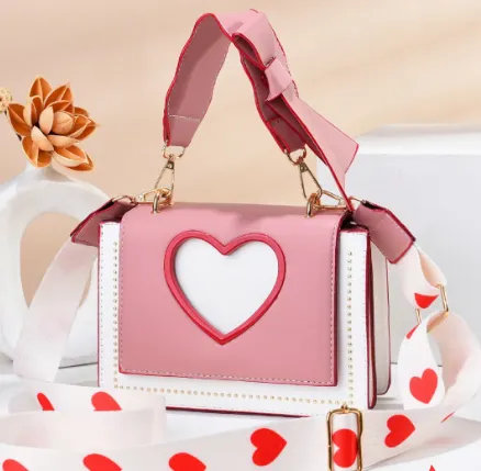 Diagonal Shoulder Bag Western Style Small Square Bag Cute Peach Heart Bow Girl Bag Portable Cosmetic Bag Pink - Shop at LoveMi