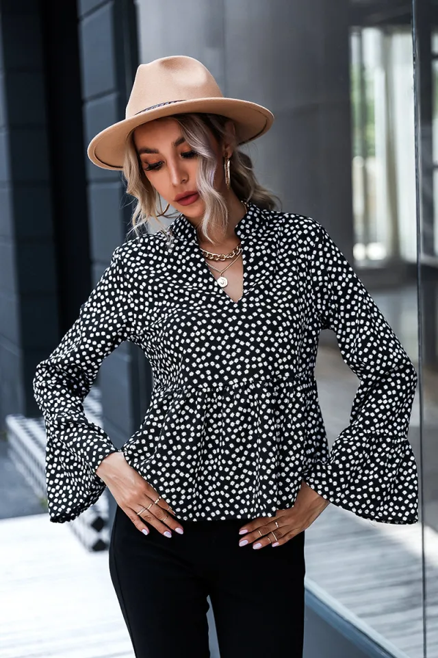 Women's Fashion V Neck Polka Dot Long Sleeve Shirt Elegant Top Black - Shop at LoveMi