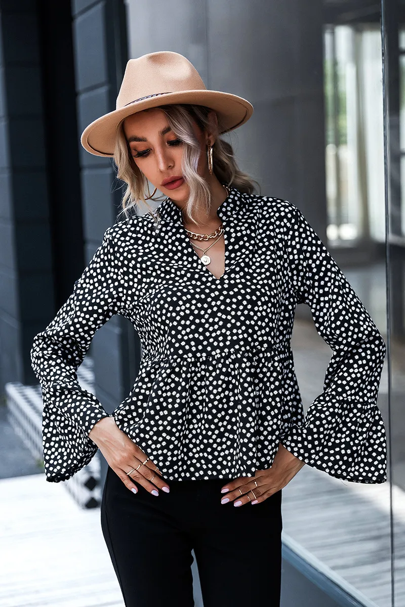 Women's Fashion V Neck Polka Dot Long Sleeve Shirt Elegant Top - Black