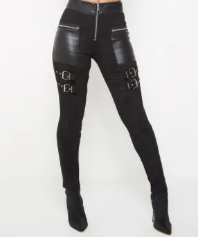 Women's Black Stitching Leather Zipper Trousers Black - Shop at LoveMi