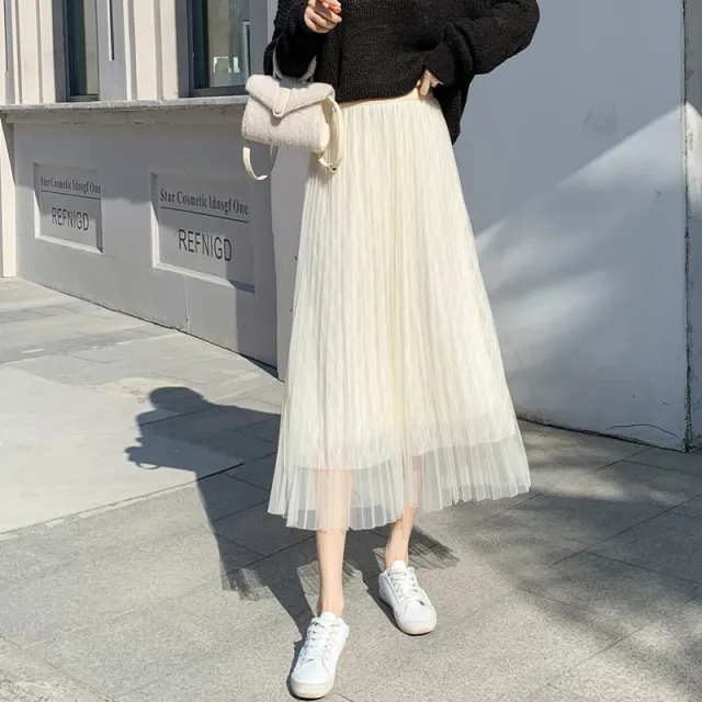 Diamond Mesh Skirt New Style Pleated Elegant Swing Apricot - Shop at LoveMi
