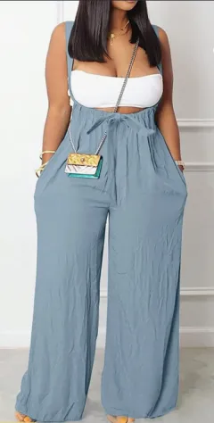 Women's Summer Solid Colour Back Knot Casual Loose Jumpsuit With Suspenders - Blue - View 1