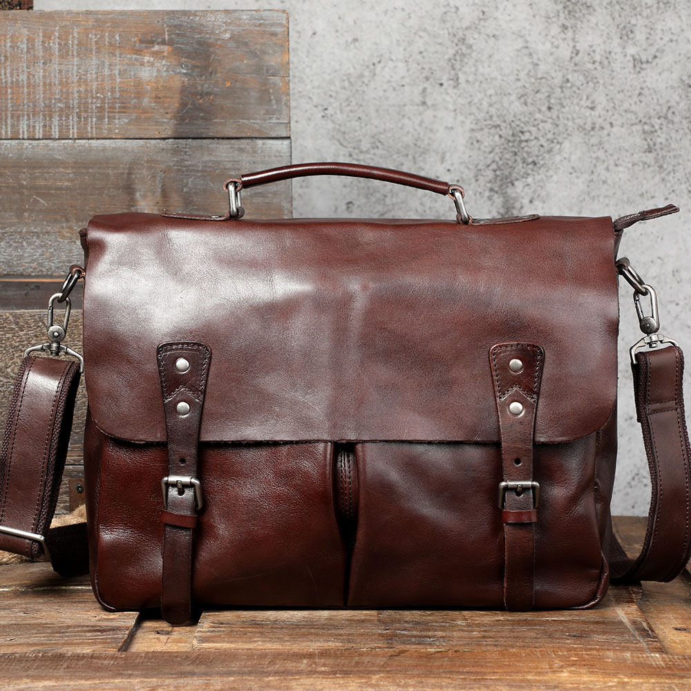 Men's First Layer Cowhide Briefcase Leather Handbag Coffee - Shop at LoveMi