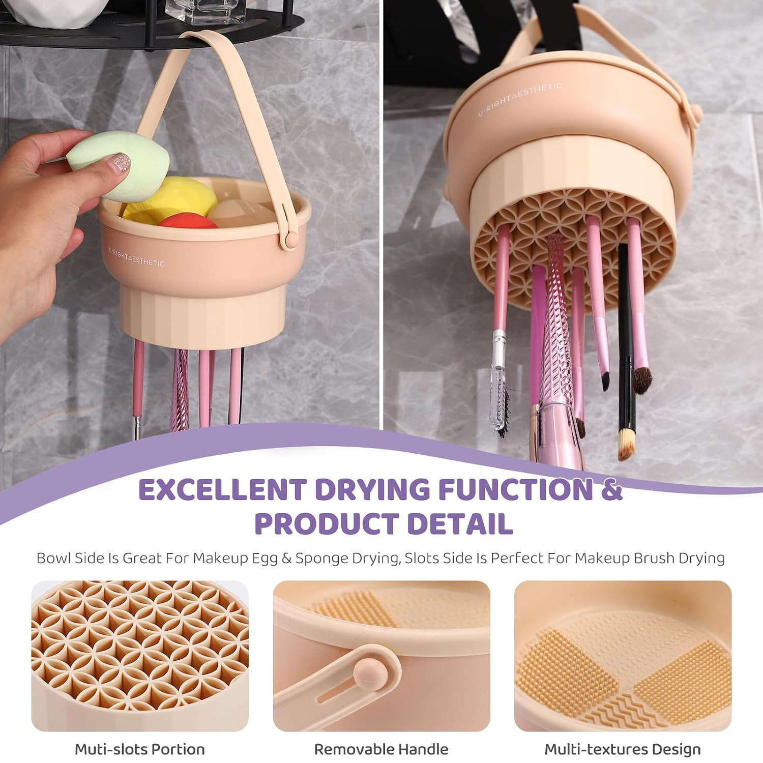 3 In 1 Silicone Makeup Brush Cleaner Bowl And Cleaning Mat, Reusable Makeup Brush Washing Tool, Khaki 5