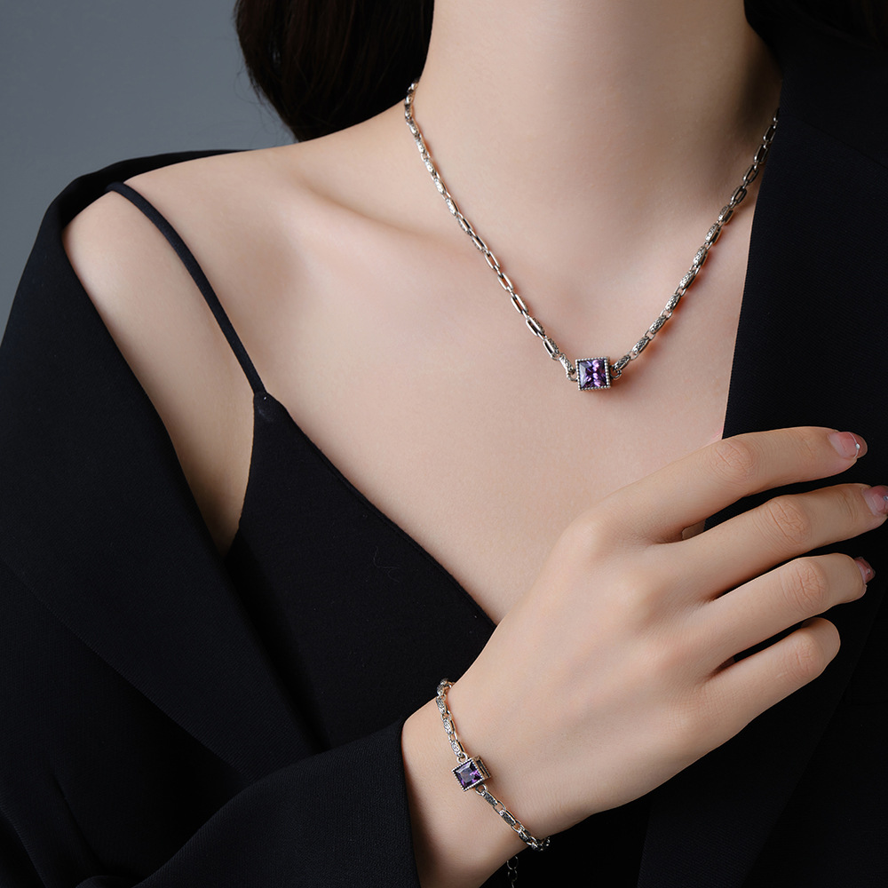 S925 Sterling Silver Purple Yellow Zircon Unique Stereo Retro Necklace For Women