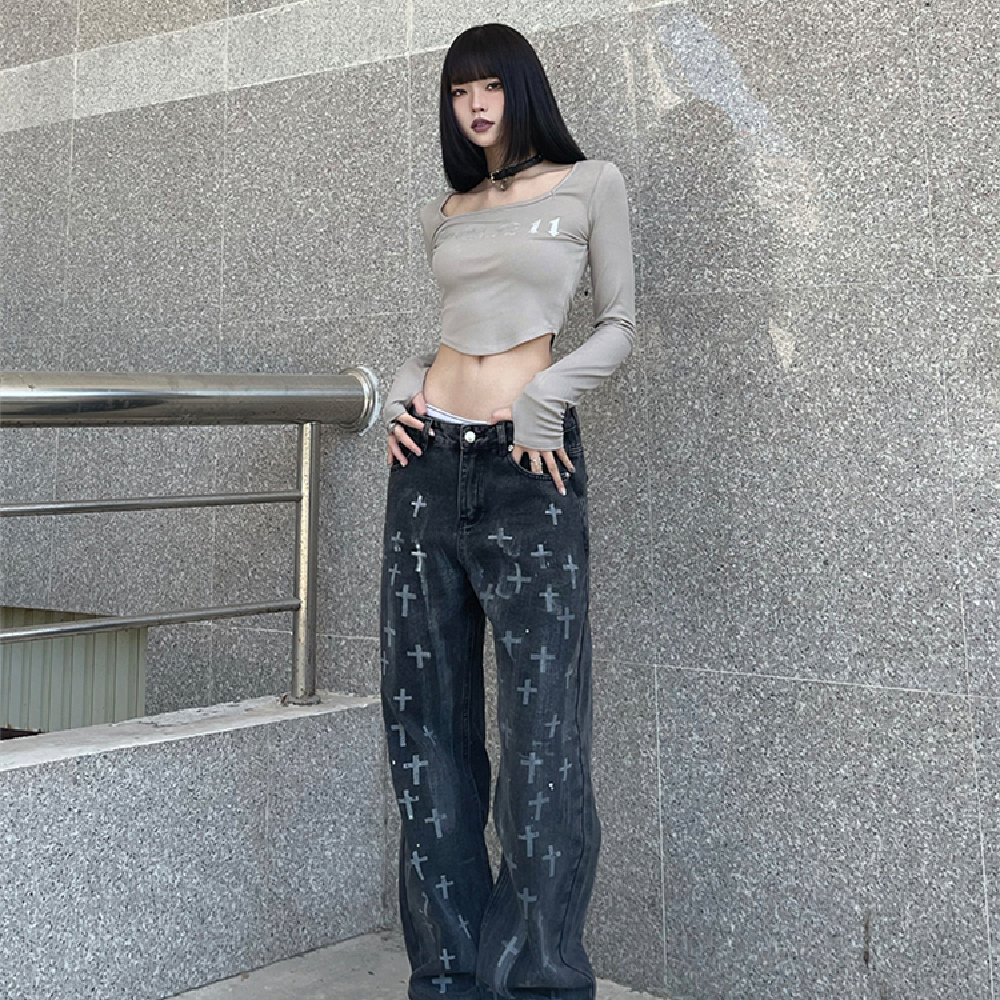 Cross Print Loose Straight Jeans For Men And Women