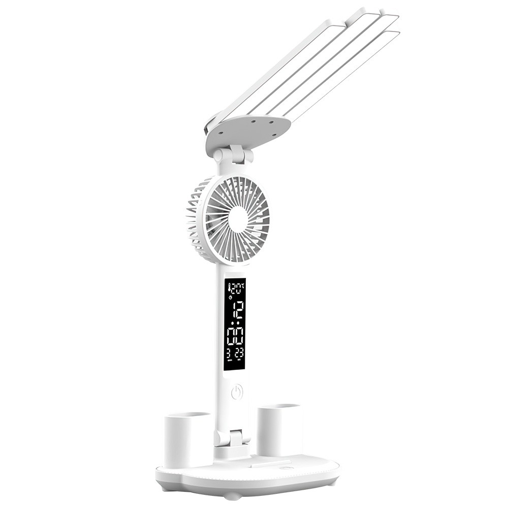 4-Head LED Desk Reading Lamp With Fan Clock Dimmable Rechargeable Touch Light — image 6