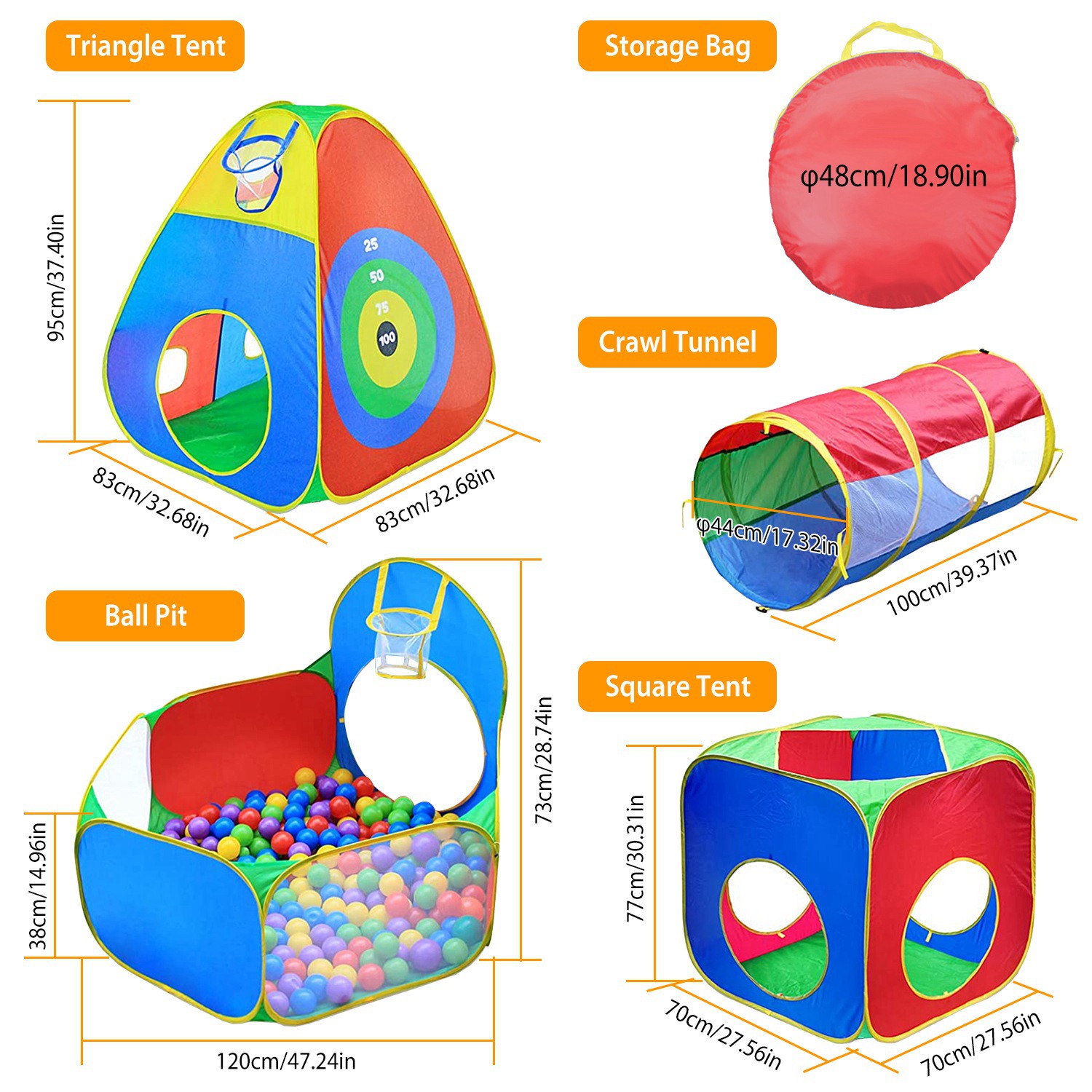 5Pcs Kids Ball Pit Tents Playhouse With 2 Crawl Tunnel & 2 Tent For Boys Girls Toddlers Preschool Children Indoor Outdoor