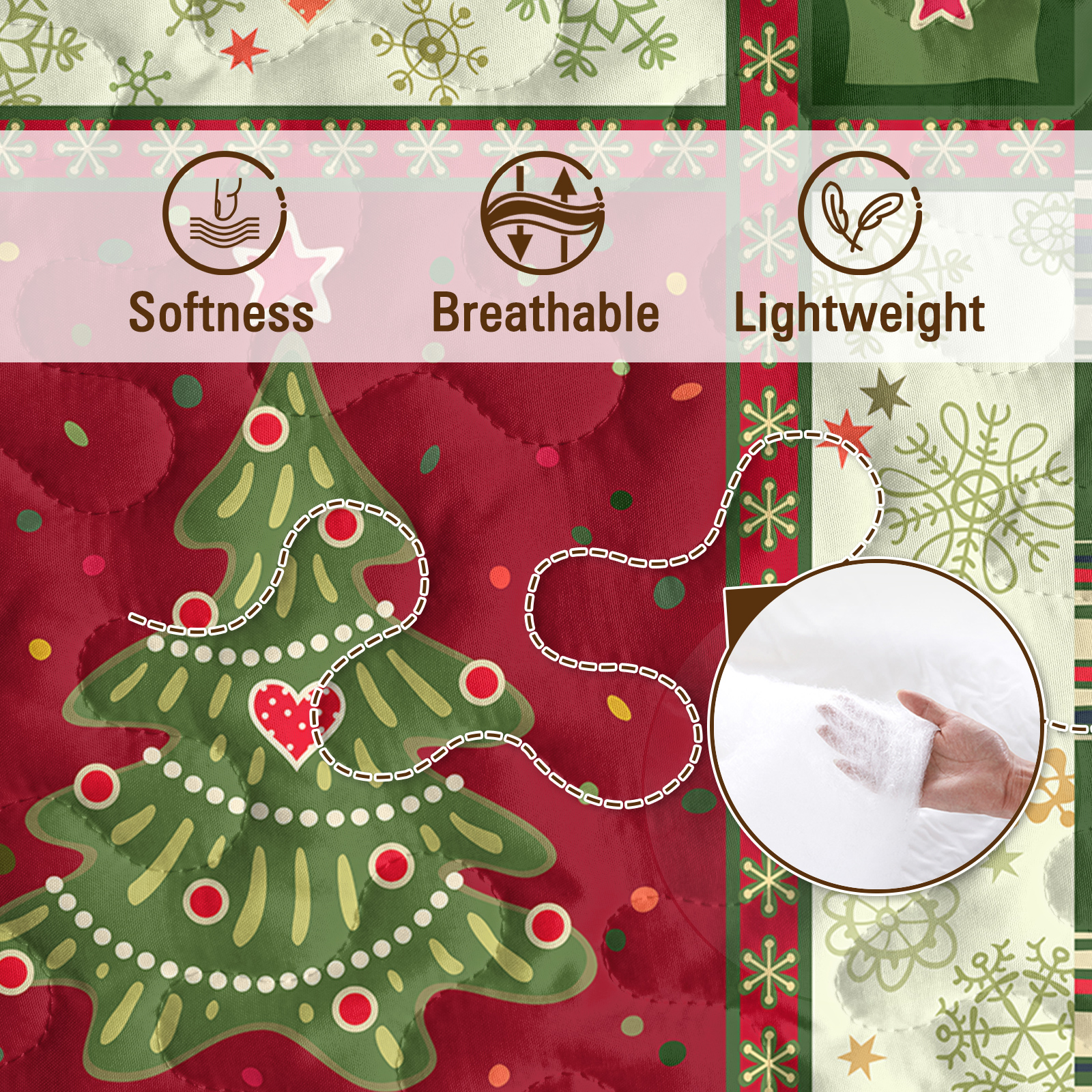 3 Piece Cute Christmas Tree Quilt Set Red Green Snowflakes Pattern Bedspread Lightweight Coverlet Summer Comforter Set Bed Cover,1 Quilt And 2 Shams