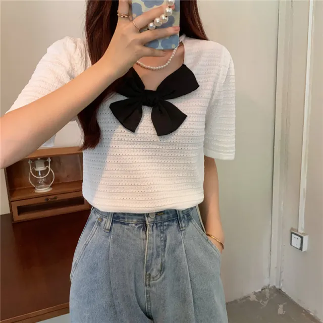 Sweet Turtleneck Round Neck Pearl Accessories Short Sleeve Sweater Bowknot Top Women White - Shop at LoveMi