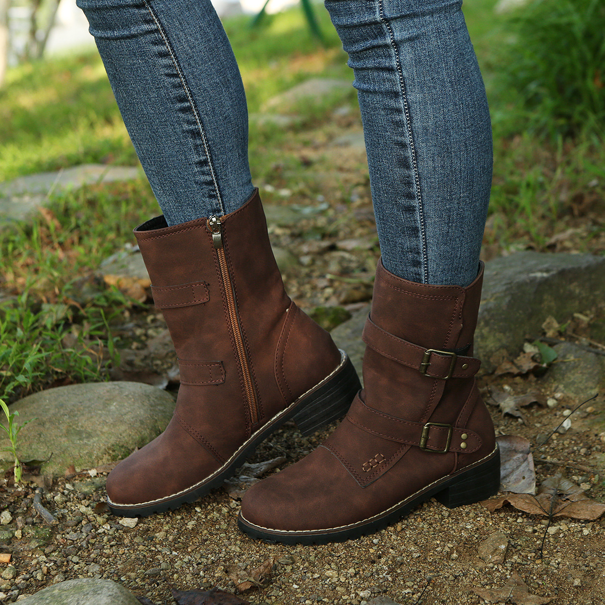 Casual Round Toe Belt Buckle Women Boots Coffee - Shop at LoveMi