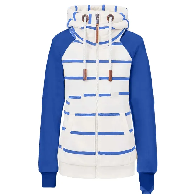 Ladies Striped Zipper Contrast Polyester Hoodie Blue - Shop at LoveMi