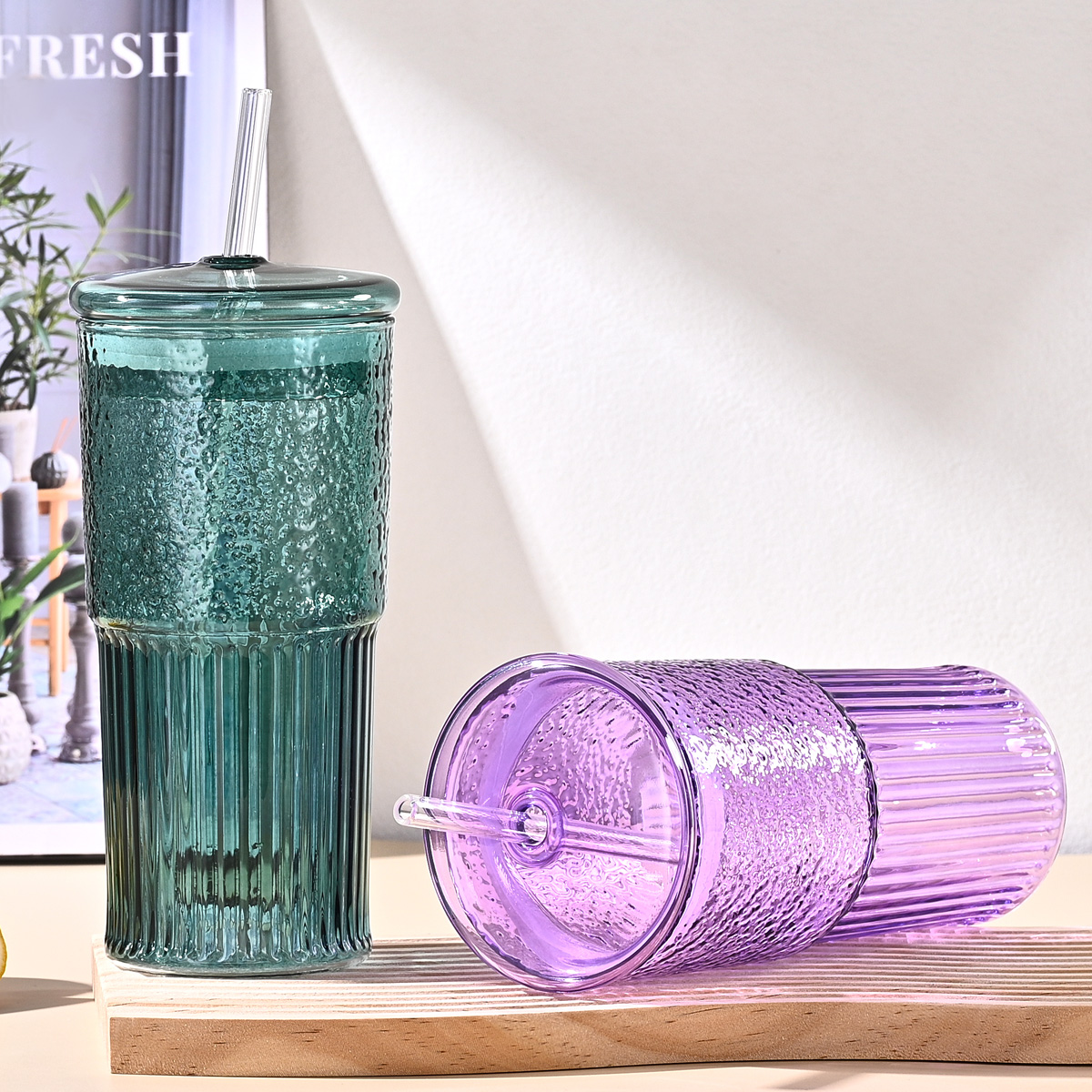 20 Oz 2-pack Green Glass Straw Cup With Vertical Pattern Cup And Lid, High Borosilicate Heat-resistant Glass Cup For Juice, Milk And Cold Drinks