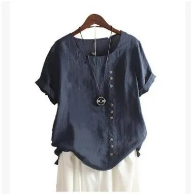 Retro Plus Size Casual Loose Cotton And Linen Short-sleeved Pullover T-shirt - Navy Blue