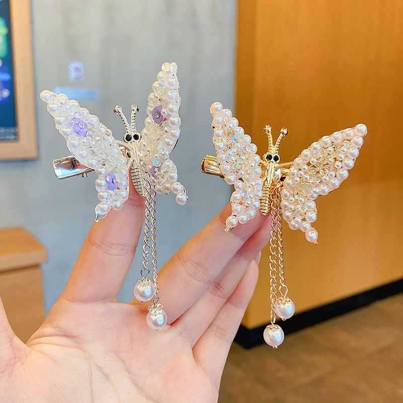 Little Girl Net Red Hair Card Ancient Style Hanfu Tassel Pearl Pearl Butterfly 2Piece Set - Shop at LoveMi