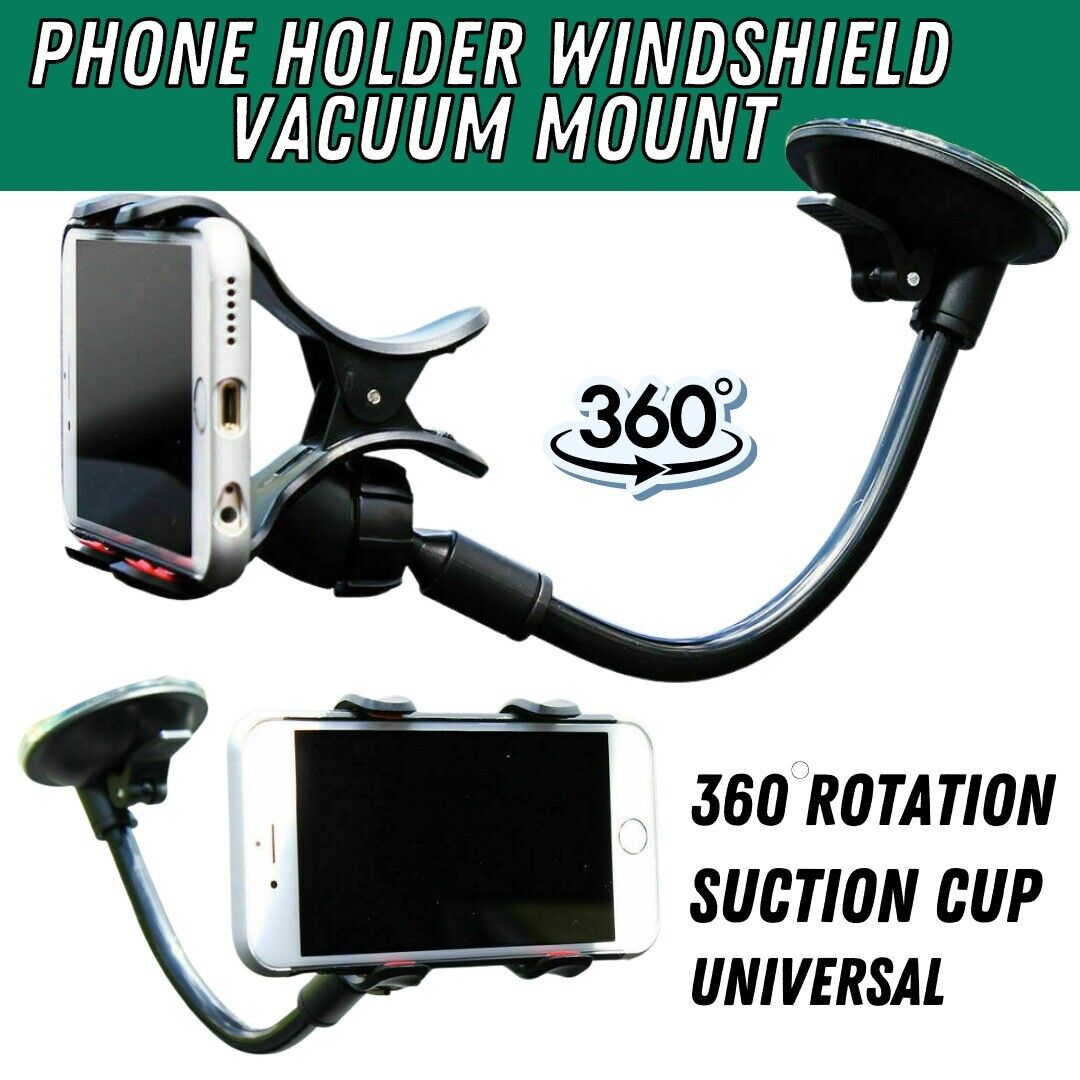 Adjustable car phone holder with 360° rotation and strong suction for windshield. Fits devices up to 3.54 inches wide. Durable arm with 360° rotation. No glue suction cup design. Made for car windshields only.