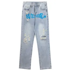 Ripped Letter Embroidered Heavy-duty Jeans - Blue - View 1