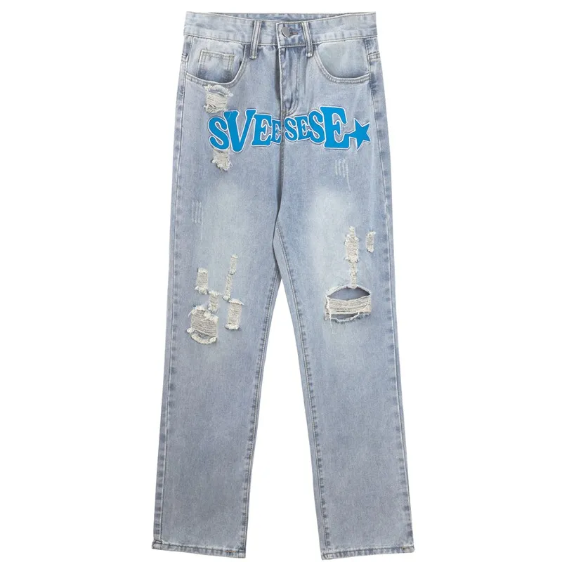 Ripped Letter Embroidered Heavy-duty Jeans - Blue