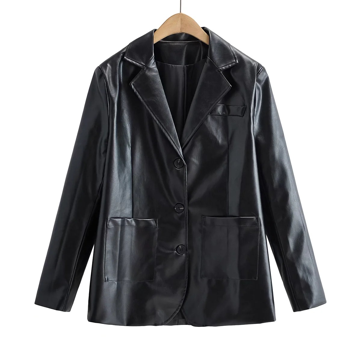 Temperament Commuting Light Cooked Wind Big Pocket Faux Leather Suit Jacket Black - Shop at LoveMi