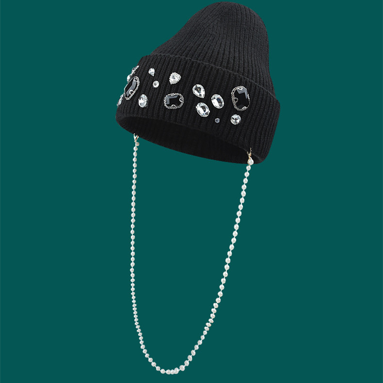 Fashion Pearl Chain Diamond Wool Cap