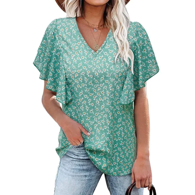 V Neck Floral Pleated Shirt Casual Short Sleeve Loose Top Blue - Shop at LoveMi