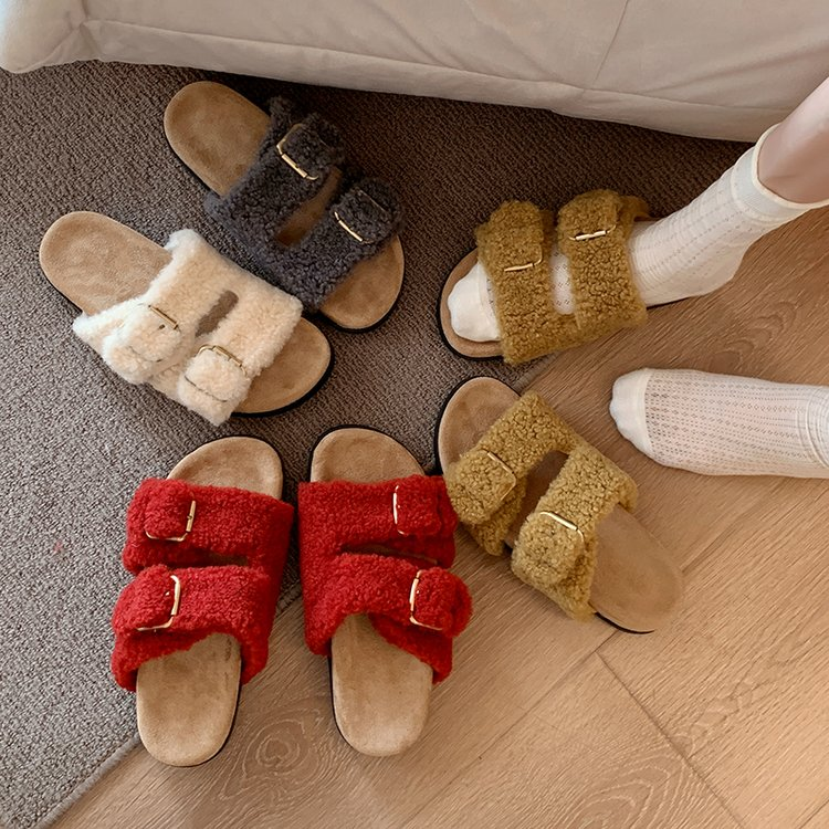 Women Fuzzy Shearling Birken Slides Double Buckle Thick Sole Winter Open Toe Slippers