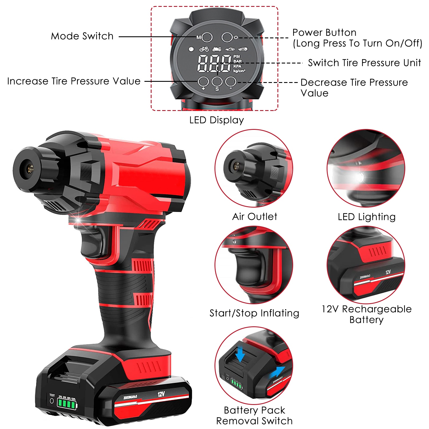 1Pc 150PSI Cordless Car Tire Inflator Rechargeable  2V Portable Electric Air Compressor With LED Light For Car Bike Motorcycle Ball — foto 10