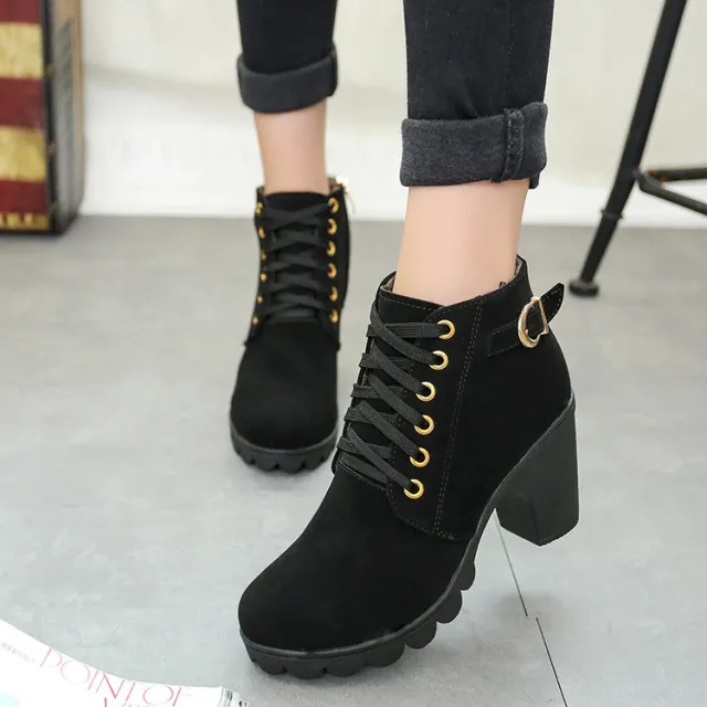 Chunky Block Heel Boots Buckle Ankle Boots Women Shoes Black - Shop at LoveMi