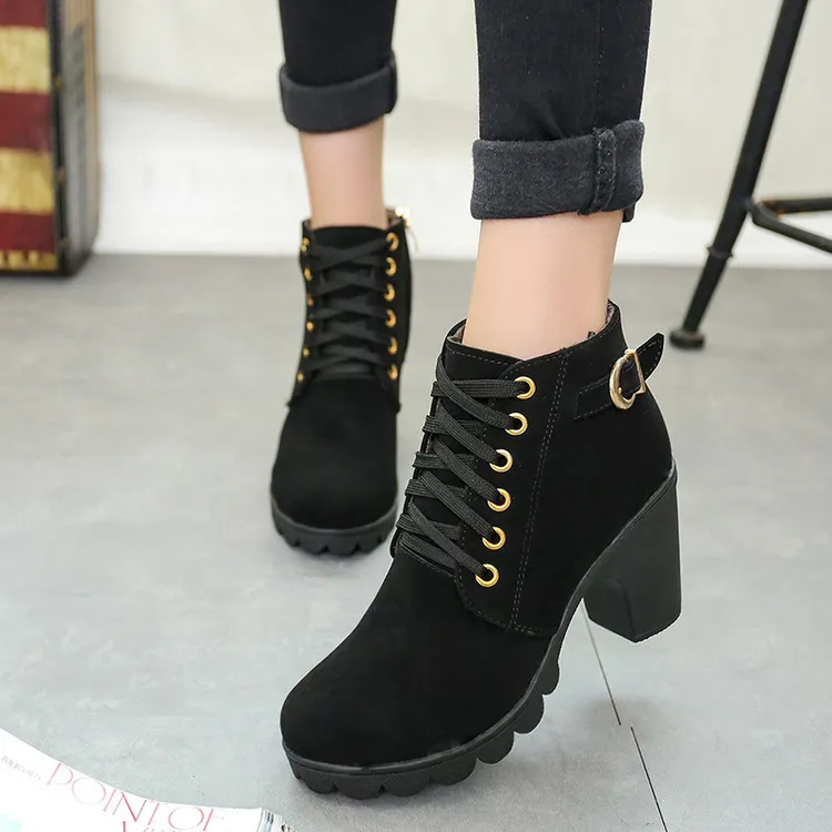 Chunky Block Heel Boots Buckle Ankle Boots Women Shoes - Black