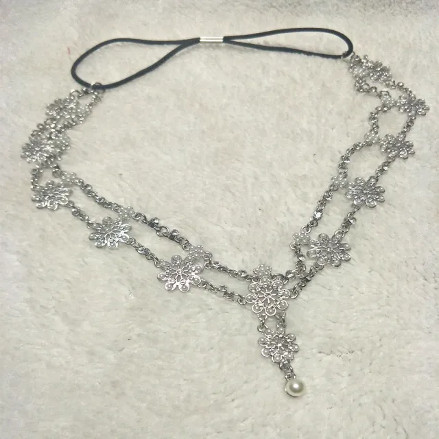 Vintage Pearl Flower Elastic Tassel Hair Band Hair Chain Silver - Shop at LoveMi
