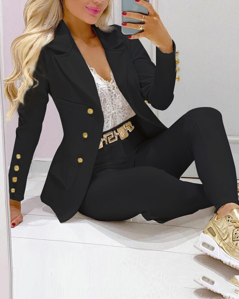 Women's Square Collar Double-breasted Blazer Trousers