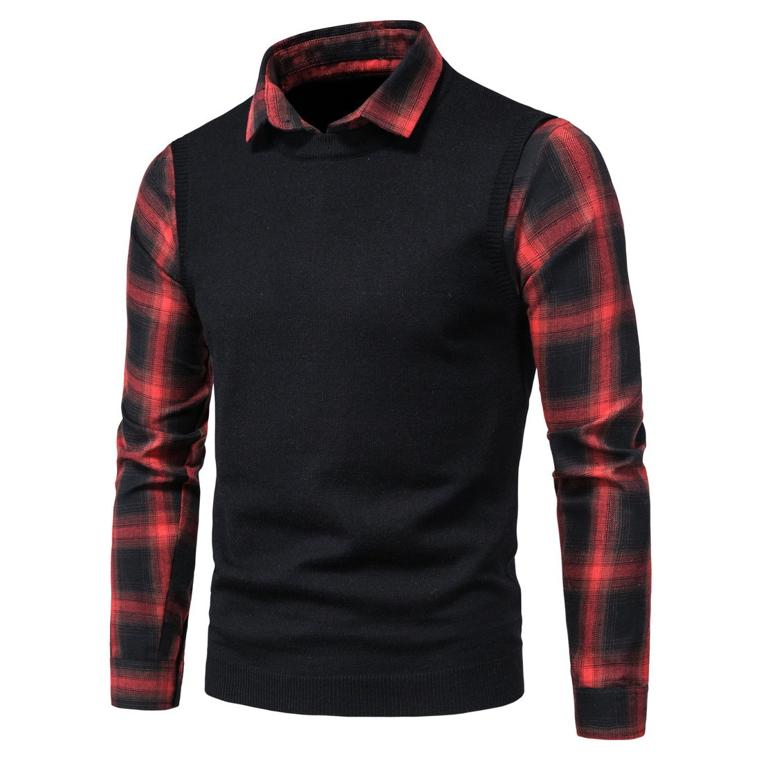 Title 2, Black And Red Plaid Shirt Lapel Fake Two Sweaters