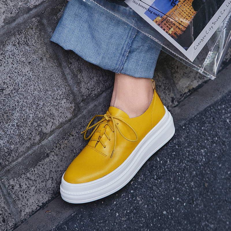  New Height Increase Casual Shoes Women Simple Yellow Leather Lace-up Single Shoes Platform Platform Shoes British Style Women's Shoes