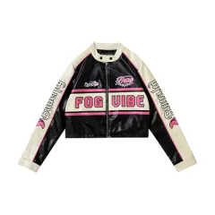 Short PU Leather Motorcycle Suit Women's Jacket Racing Suit Coat - Pink - View 1