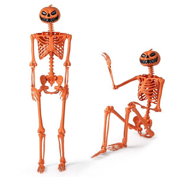 5.5ft Life-Size Halloween Skeleton with Pumpkin Head - Orange Color, Fully Poseable Joints (Jaw/Shoulders/Knees), PP+PE Material-12