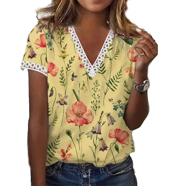 Printed V Neck Short Sleeved T Shirt Yellow - Shop at LoveMi