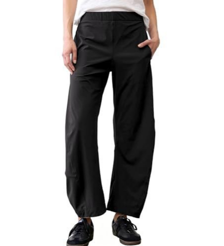 Women Barrel Curved Ankle Work Pants, Elastic High Waist, Loose Wide Thigh Slim Cuff Travel Trousers in Black