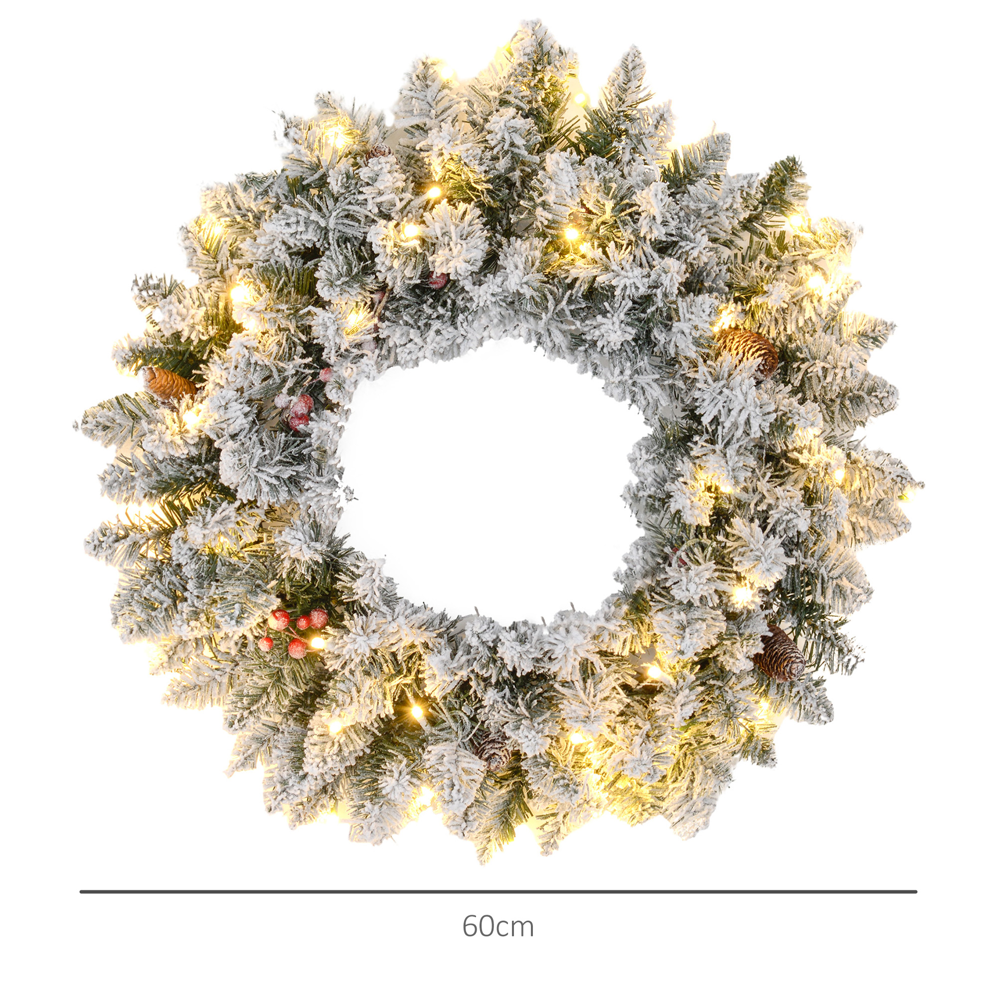 60 Snow Pine Cones And Berry Christmas Wreaths With LED Lights