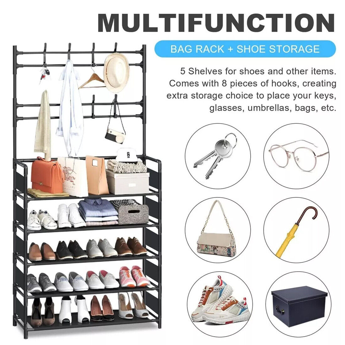 New Coat And Hat Stand 8 Hooks Metal Shoe Rack 5 Tiers Shelf Hanger Black UK — image 8