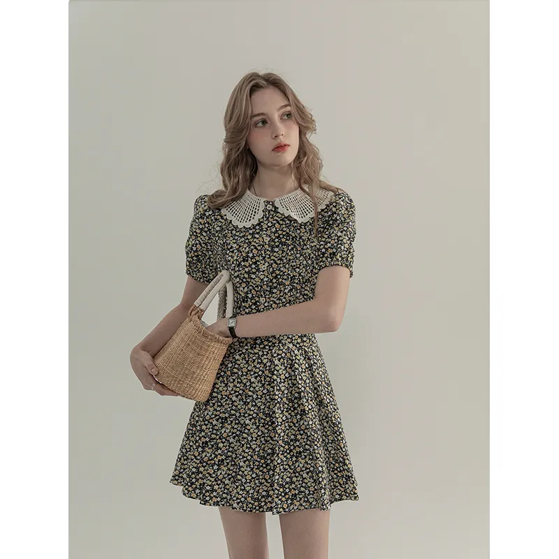 Bubble Sleeved Floral Short Sleeved Top For Women - Half Length Skirt