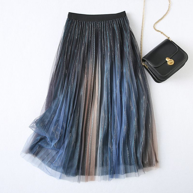 Mid-length High Waist Slim A-Line Drape Gradient Pleated Skirt